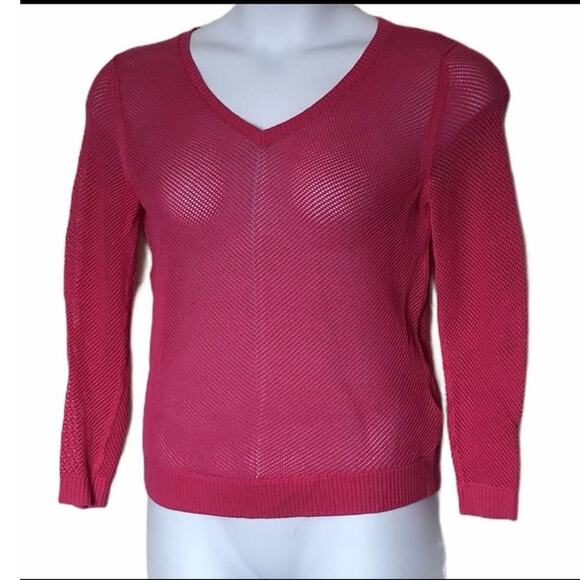 Banana Republic Bright Pink Open Knit V-Neck Sweater PS Lightweight Barbiecore - Picture 5 of 9